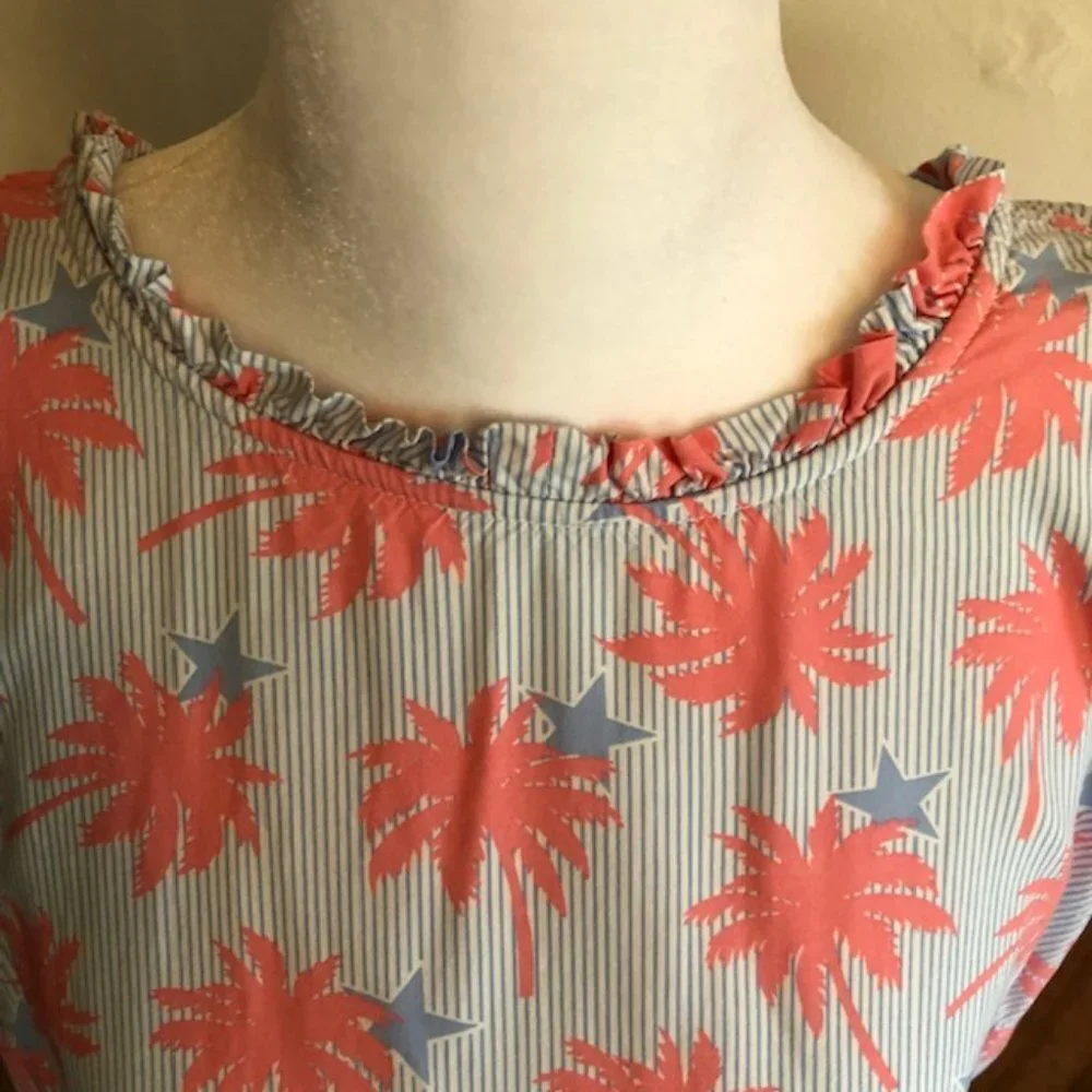 CROWN & IVY White Blue Stripe Palm Tree Star Square Back Shift Dres…